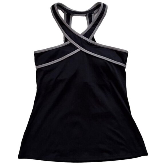 NWT Fabletics Chicago Top Tank Black Fog/Gray Womens Small Halter Built in Bra - Picture 2 of 9